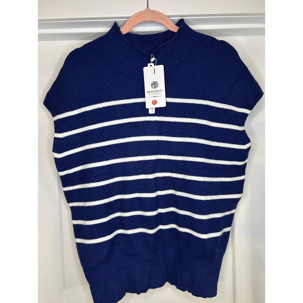 NEW Merokeety Women Striped Mock Neck Sleeveless Sweater XL Coastal Nautical